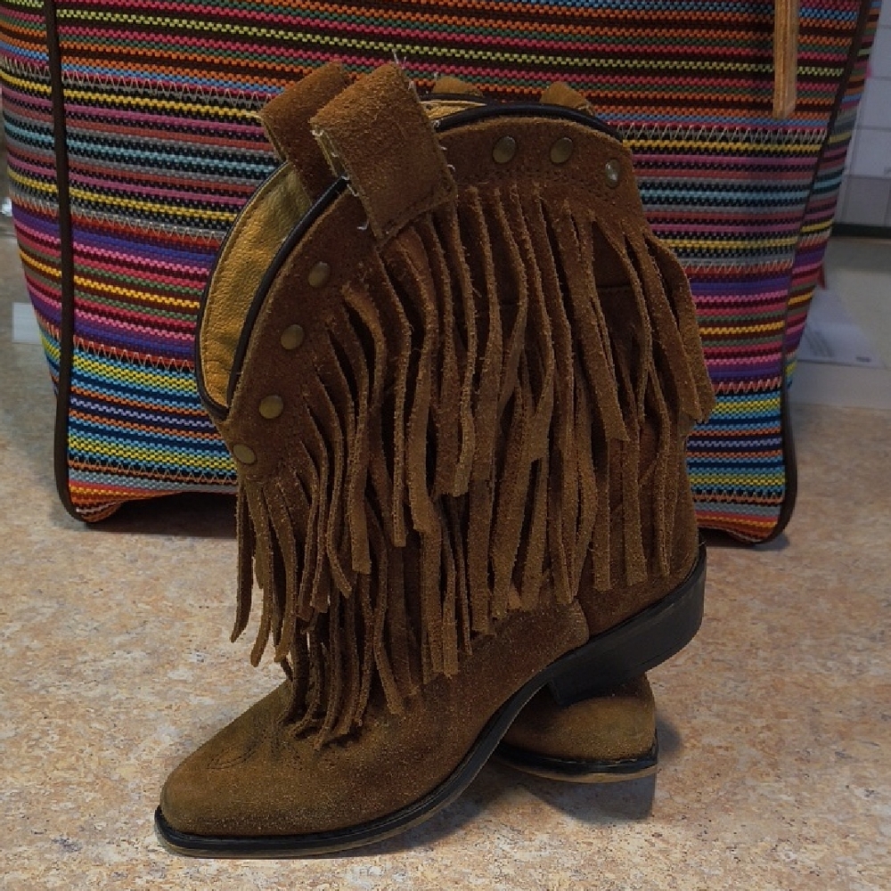 Brown Suede Fringe Western Ankle Boots